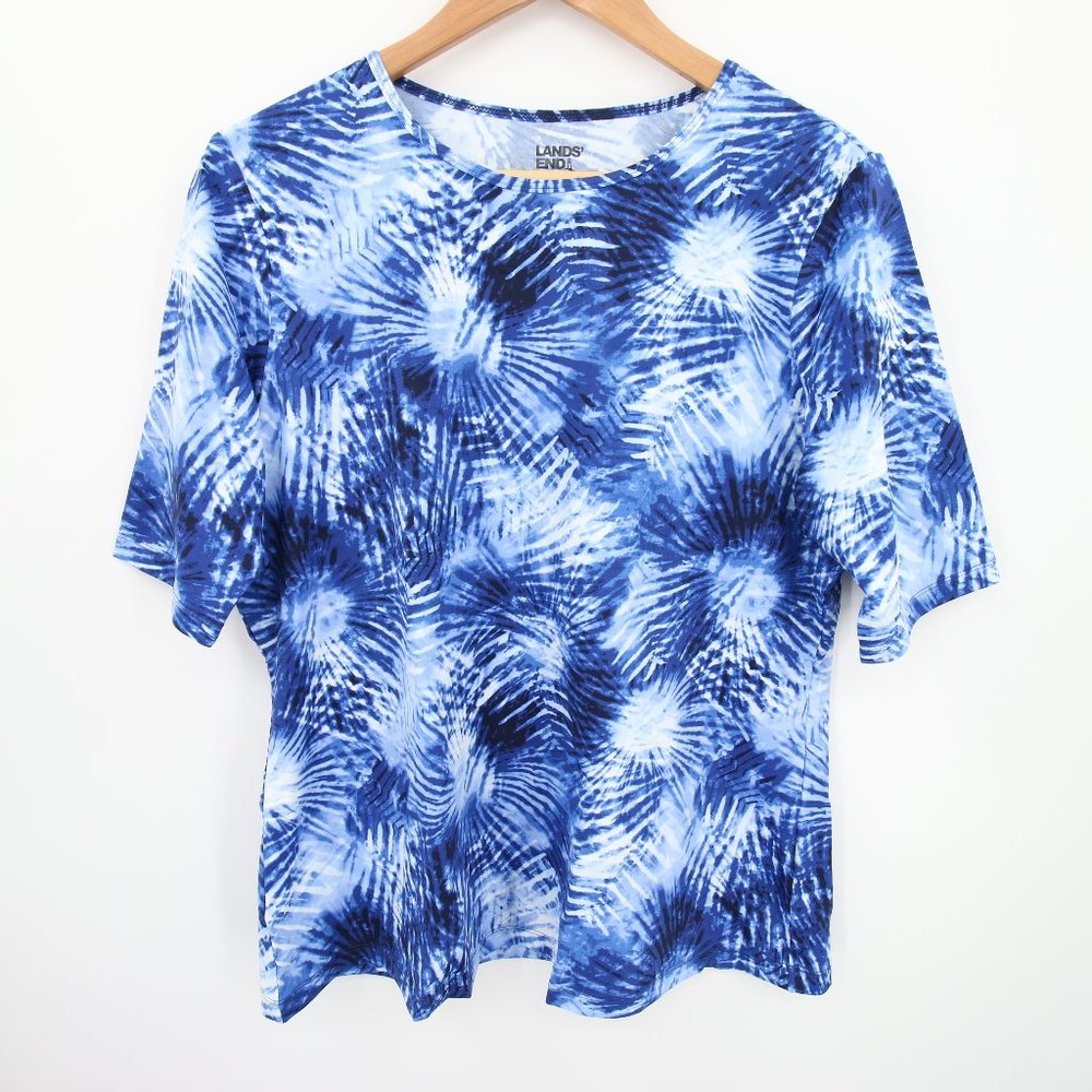 Lands End Rash Guard Size Large Blue Tie Dye Short Sleeve Shirt UPF Elbow NWT